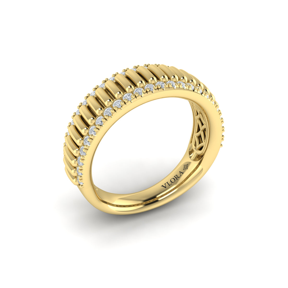 Vlora Jewels Fluted Band Ring Edged with Diamonds