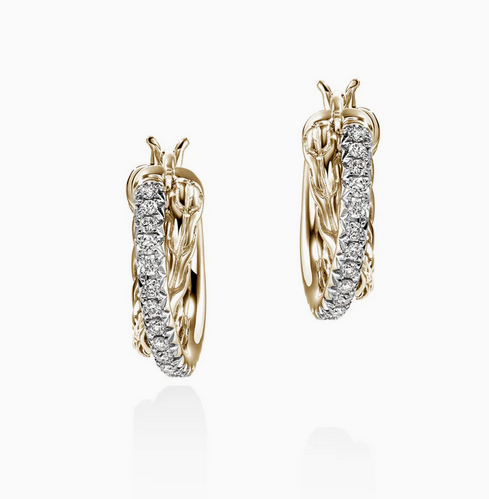 John Hardy JH Essential Pavé Crossover Hoop Earring, Gold, Diamonds, 9.5MM