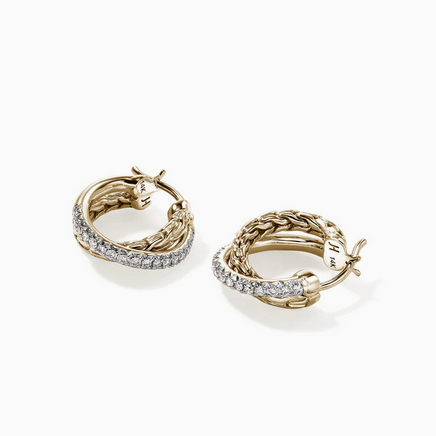 John Hardy JH Essential Pavé Crossover Hoop Earring, Gold, Diamonds, 9.5MM, view 2