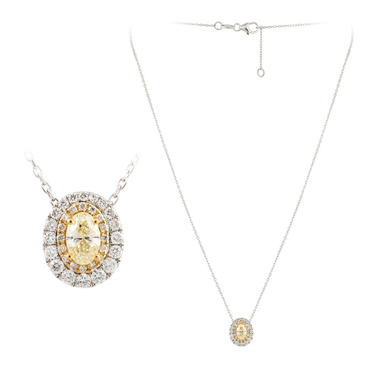 Ariha Jewels Yellow and White Oval Diamond Double Halo Pendant