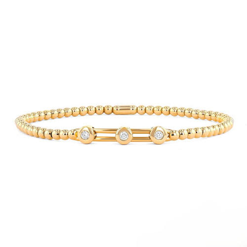 Ashi Diamond Couture Gold Bead With 3 Stone Bezel-Set Diamond Bar Stretch Bracelet