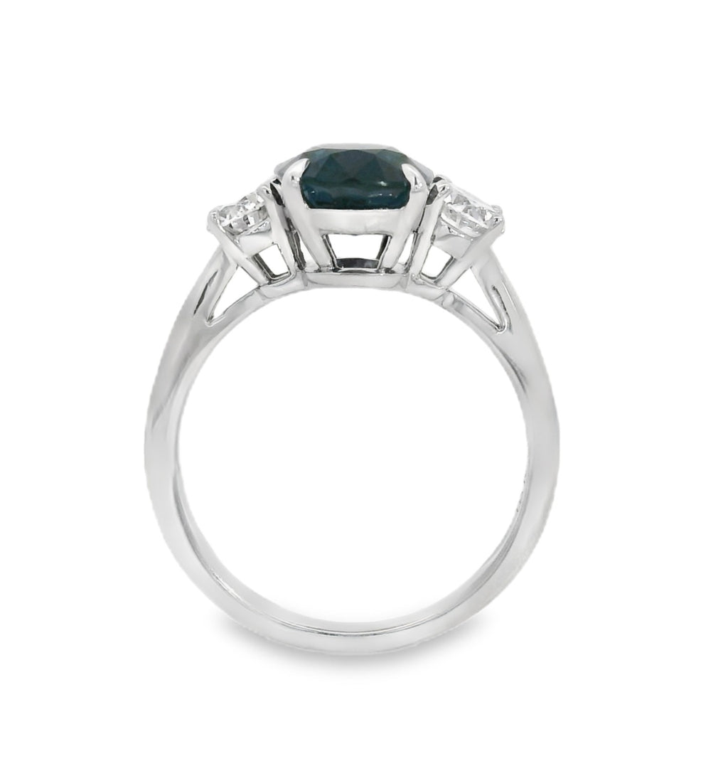 S.E.S Creations Blue Sapphire and Diamond Three Stone Ring, view 3