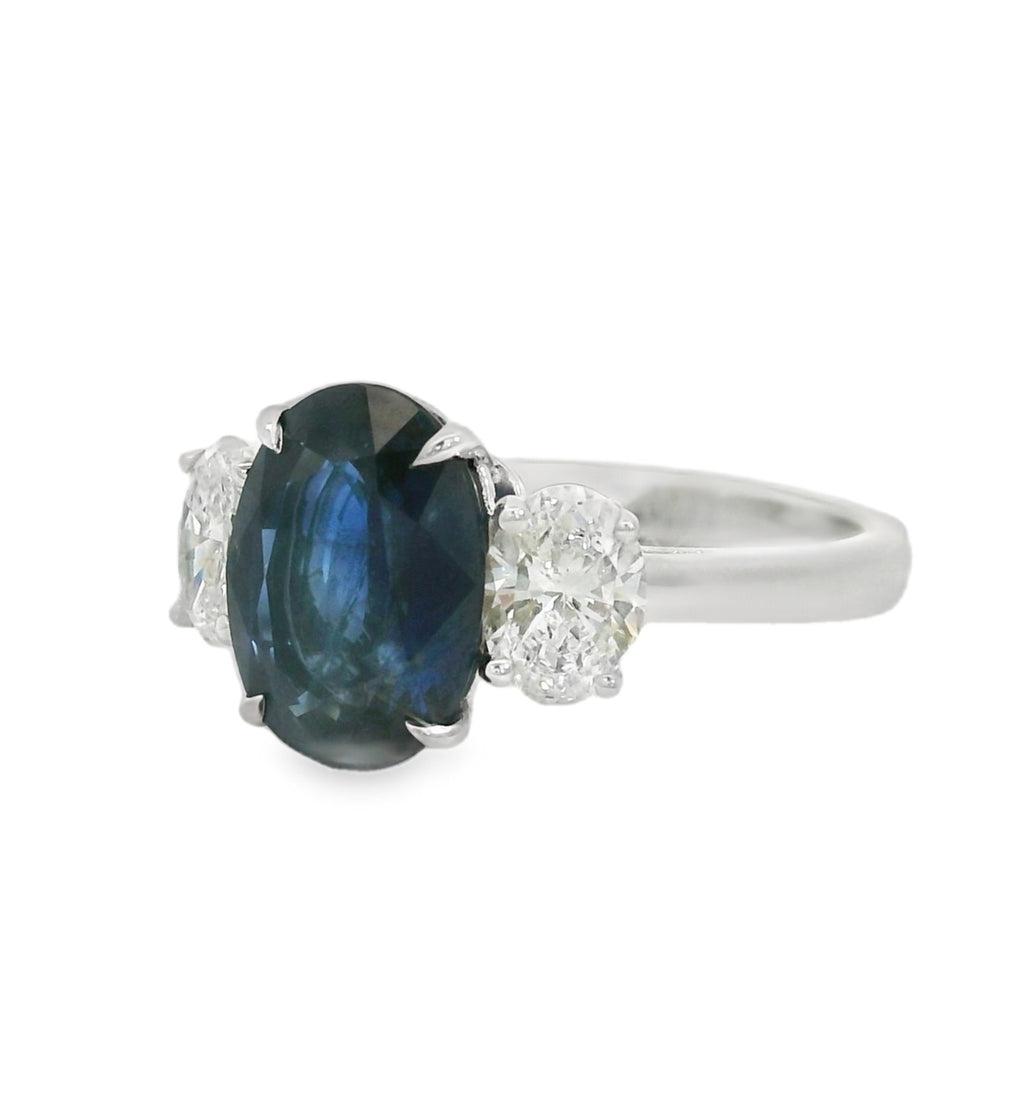 S.E.S Creations Blue Sapphire and Diamond Three Stone Ring, view 2