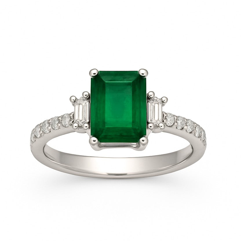 A & D Gem Emerald and Diamond Three Stone Ring