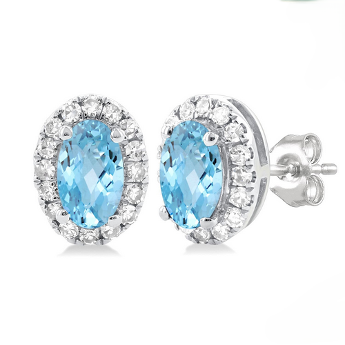 Oval Shape Aquamarine & Halo Diamond Earrings