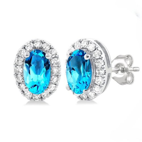 Ashi Diamond Oval Shape Blue Topaz & Halo Diamond Earrings
