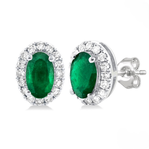 Oval Shape Emerald & Halo Diamond Earrings