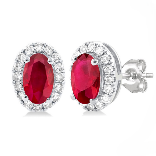 Oval Shape Ruby & Halo Diamond Earrings