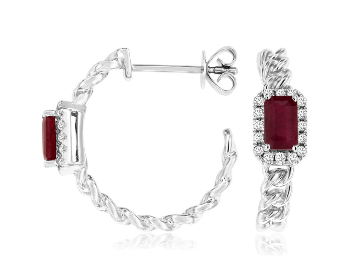 Royal Jewelry Manufacturing Ruby and Diamond Halo Hoops