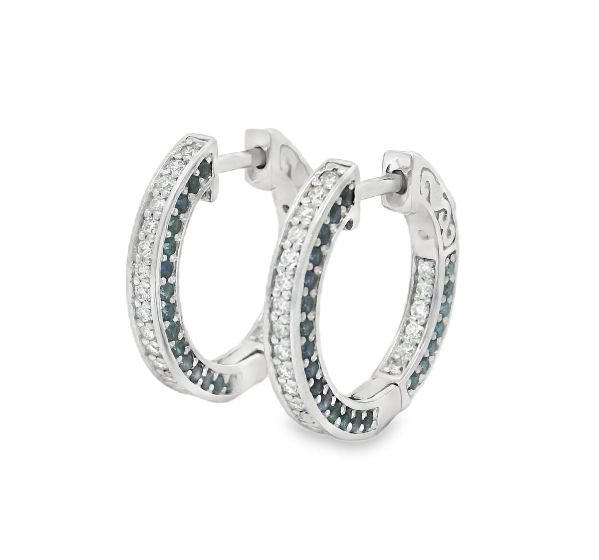 Gemma Couture Three Sided Blue Sapphire and Diamond Hoops, view 2