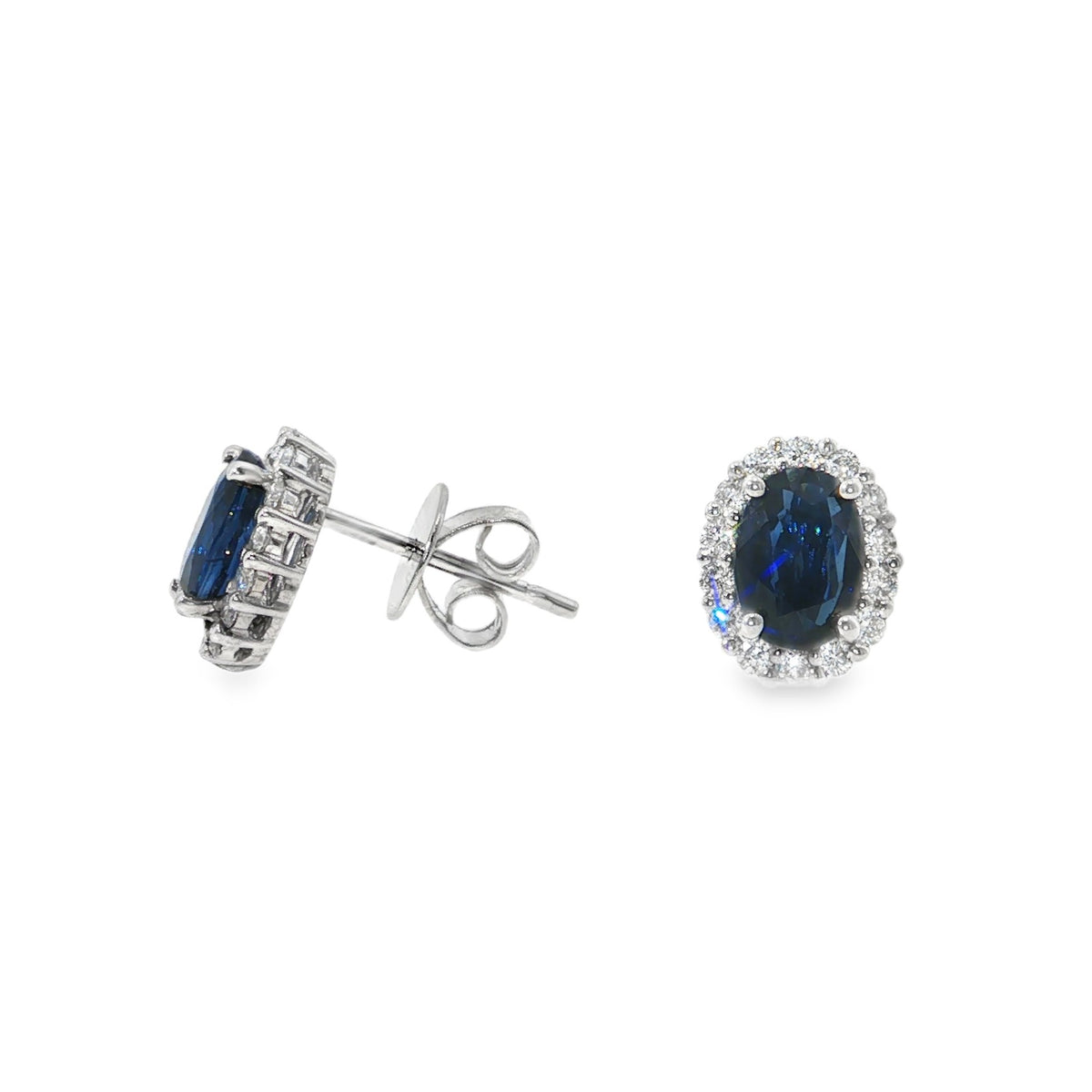 A & D Gem Blue Sapphire and Diamond Halo Stud Earrings, view 2