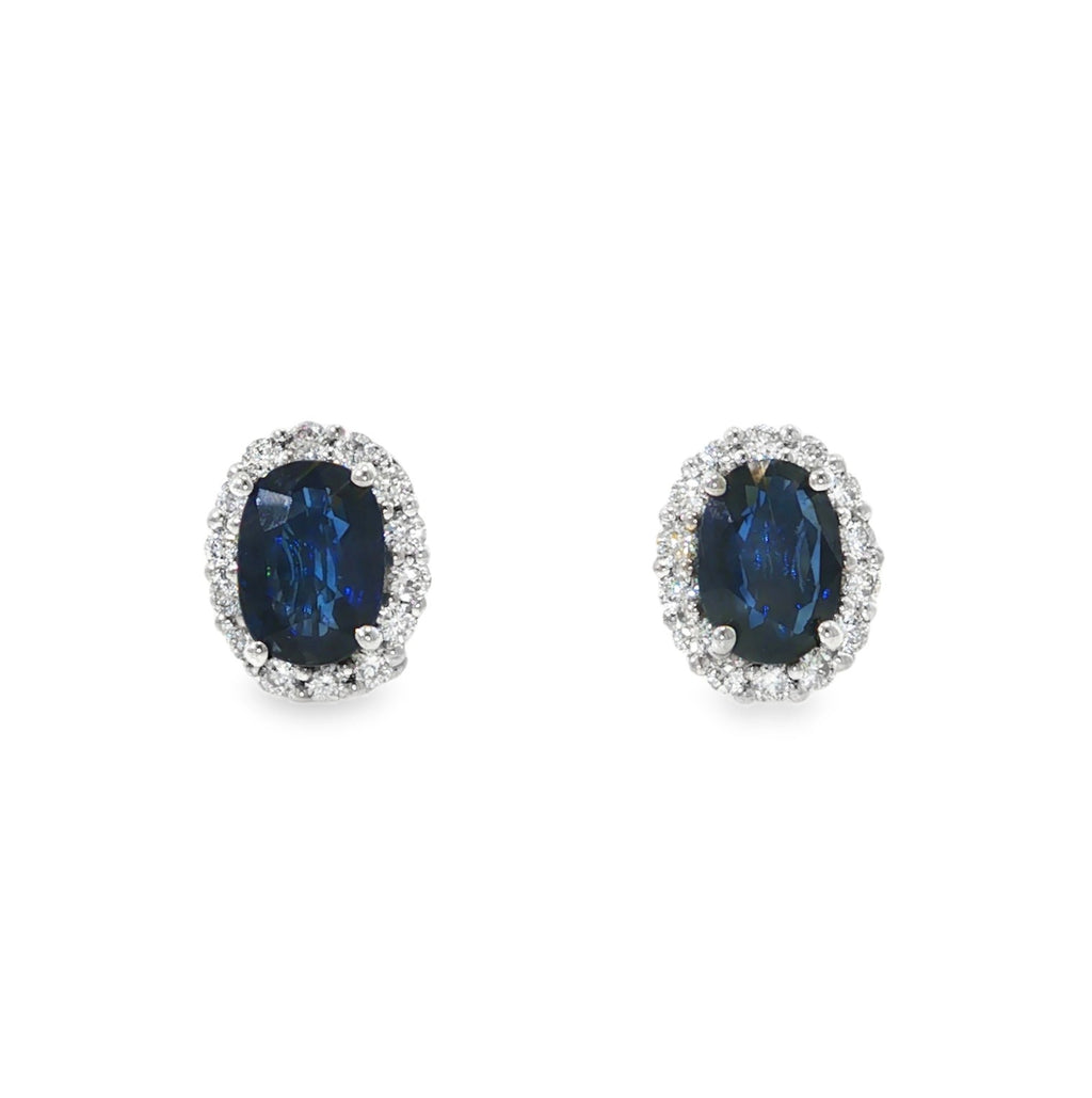 A & D Gem Blue Sapphire and Diamond Halo Stud Earrings