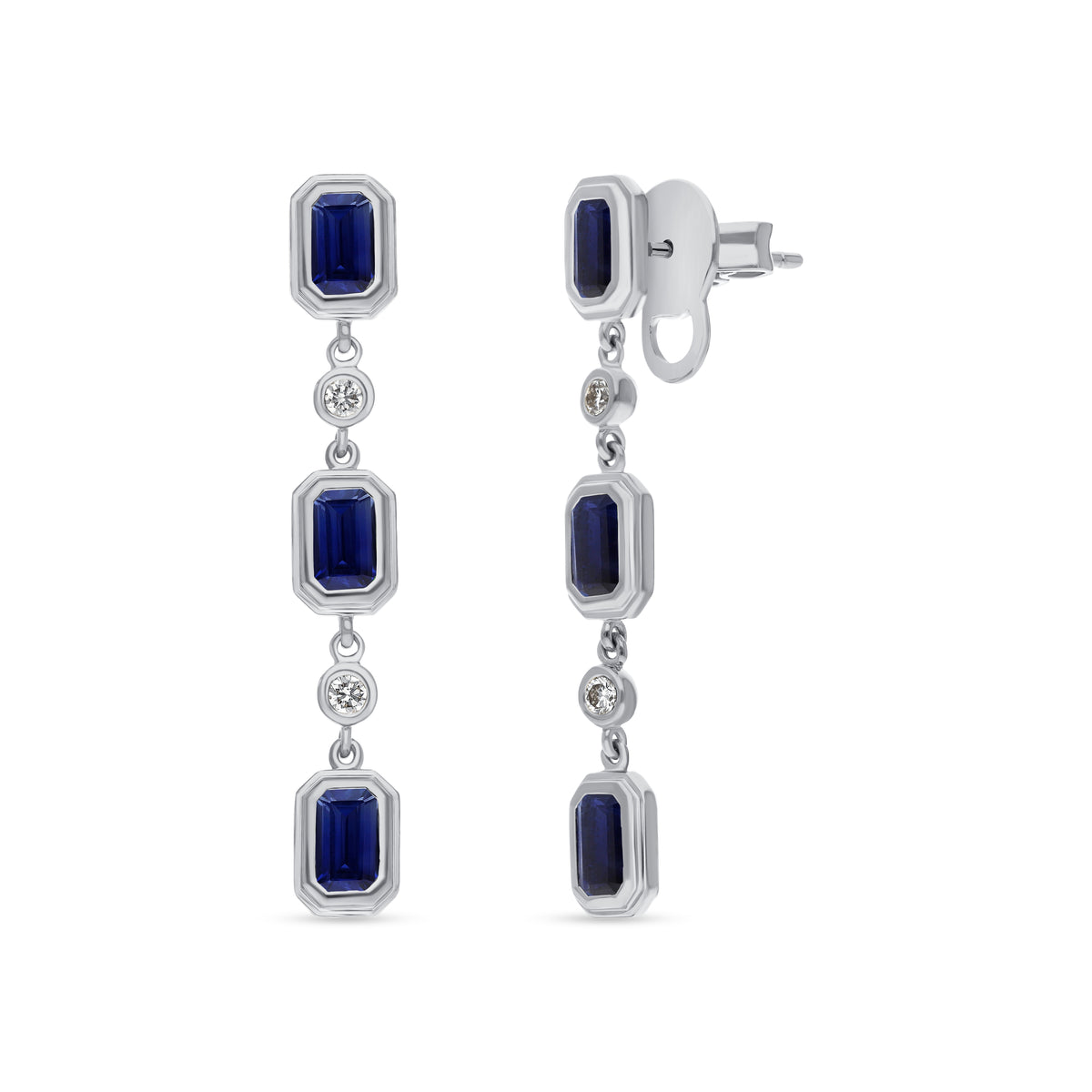 A & D Gem Blue Sapphire and Diamond Bezel Drop Earrings
