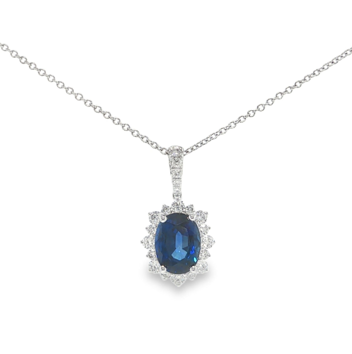 A & D Gem Blue Sapphire and Diamond Halo Pendant