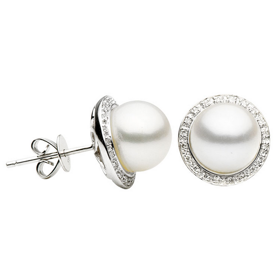 DSL Pearl Freshwater Cultured Pearl Diamond Halo Stud Earrings