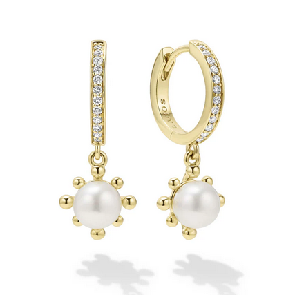LAGOS 18K Gold Fleur Pearl Diamond Drop Huggie Earrings