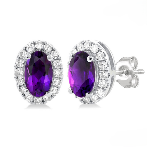 Oval Shape Amethyst & Halo Diamond Earrings
