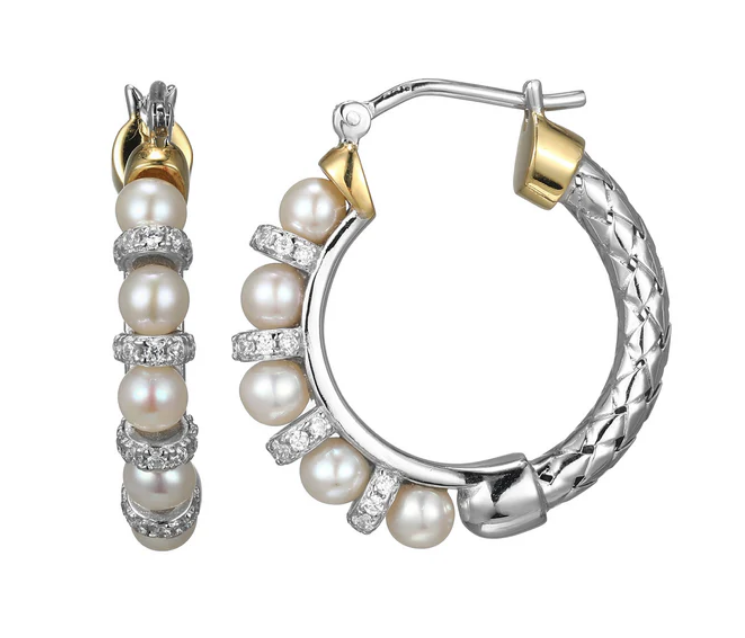 Charles Garnier Sterling Silver Two Tone CZ Pearl Hoops