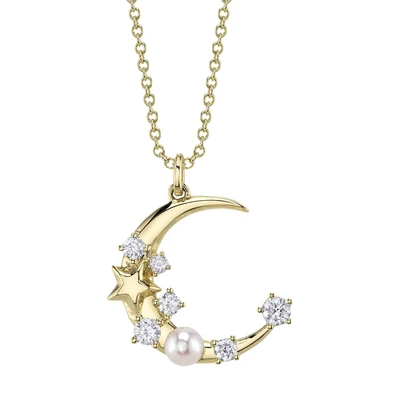 Shy Creations Diamond & Cultured Pearl Crescent Moon & Star Necklace