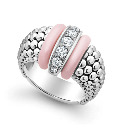 LAGOS Pink Ceramic Caviar Diamond Ring