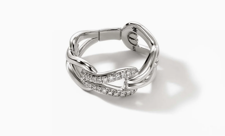 John Hardy Surf Link Ring, Silver, Diamonds, Wide