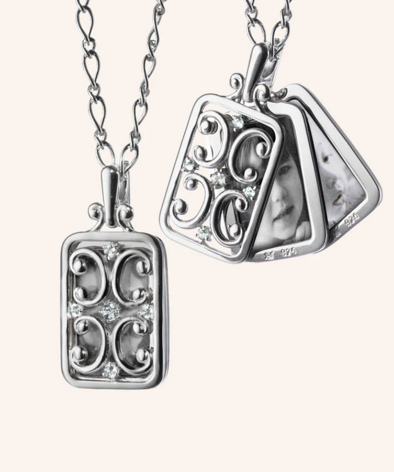 Monica Rich Kosann Sterling Silver Rectangular Gate Locket Necklace with Sapphires