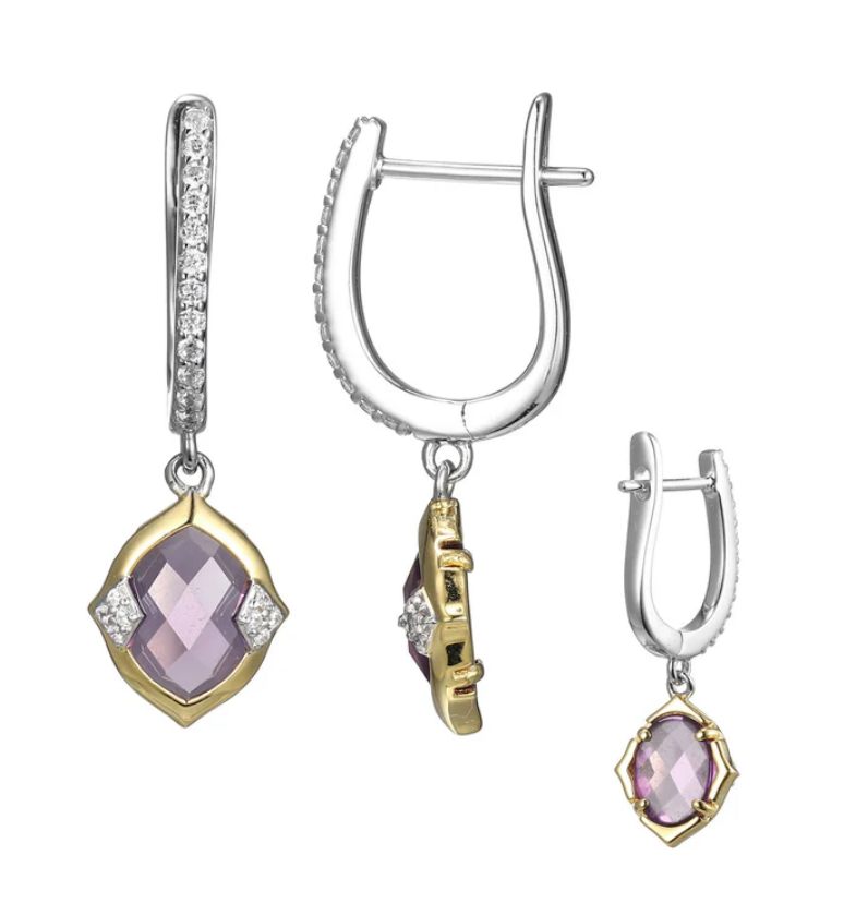 Charles Garnier Sterling Silver Two Tone Amethyst CZ Drop Earrings