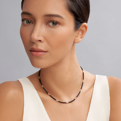 LAGOS Black Silver Station Ceramic Beaded Necklace, view 2