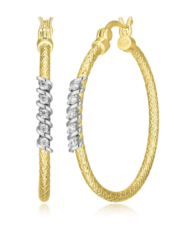 Charles Garnier Sterling Silver Yellow Gold Plated Woven CZ Hoop Earrings