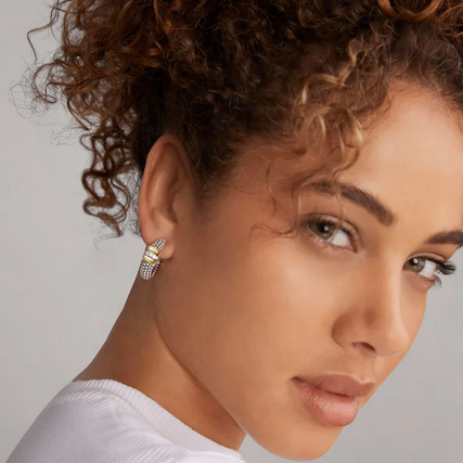 LAGOS Two-Tone Caviar Beaded Diamond Hoop Earrings, view 2