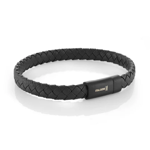 Black Matte Stainless Steel and Leather Bracelet