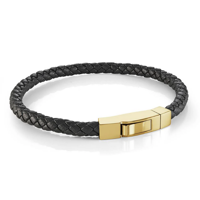 Italgem Steel 5mm Black Leather Woven Bracelet