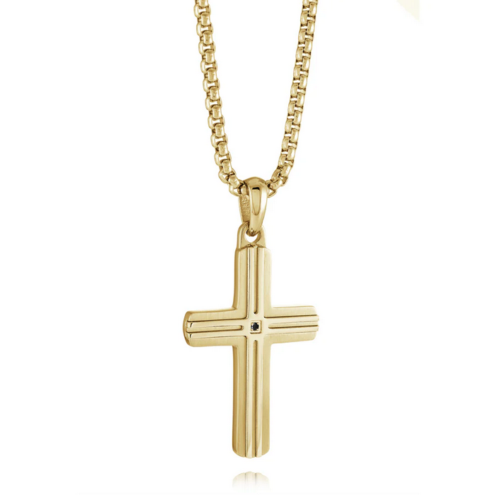 Italgem Steel Stainless Steel Gold Tone Black CZ Cross Pendant