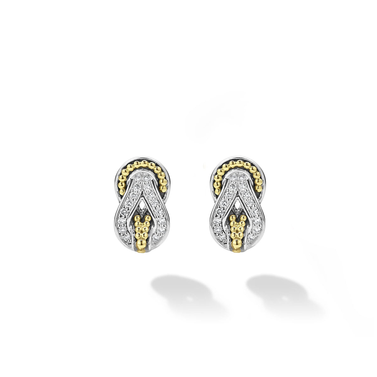 LAGOS Small Two Tone Knot Diamond Stud Earrings, view 2