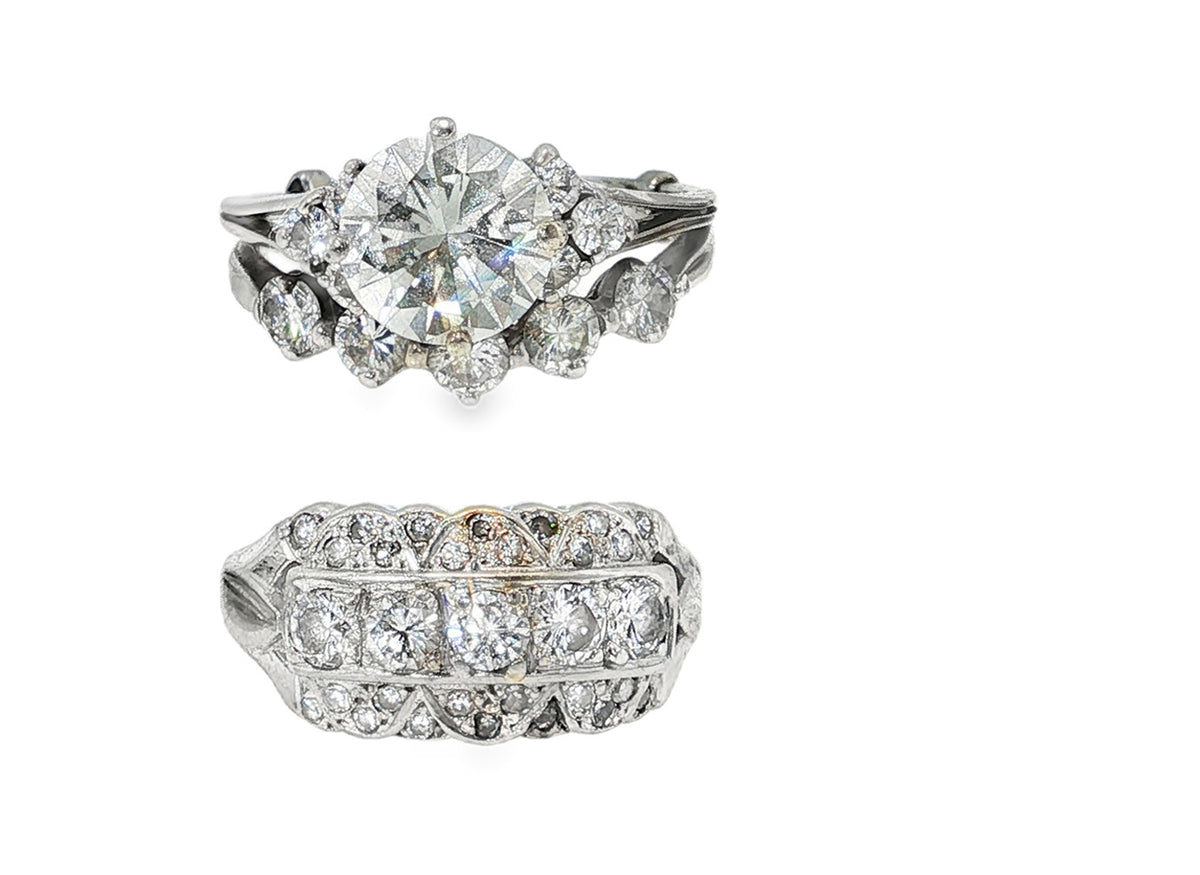Before: two customer-owned diamond rings, a solitaire with side stones and a vintage diamond band