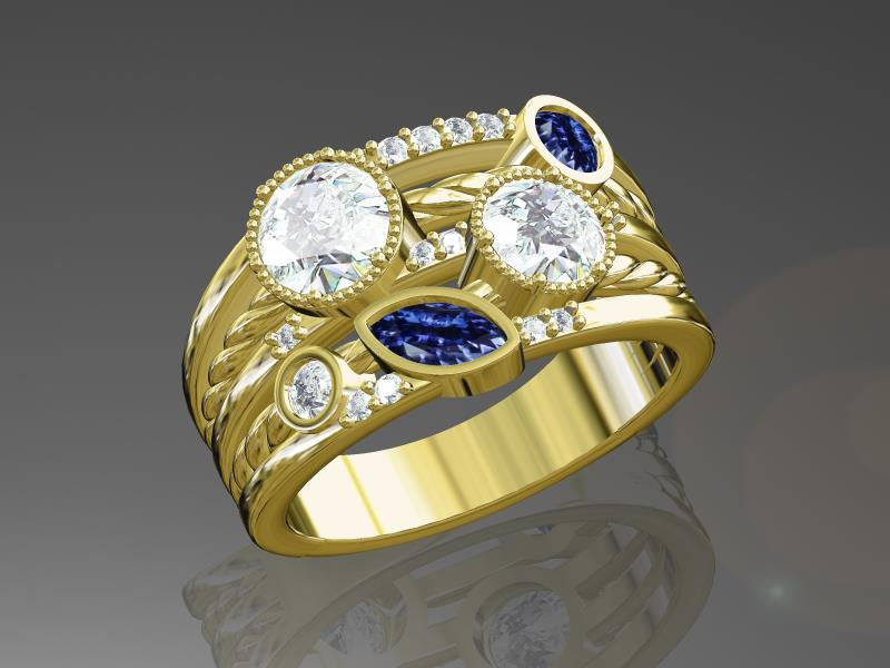 CAD render of gold and sapphire ring